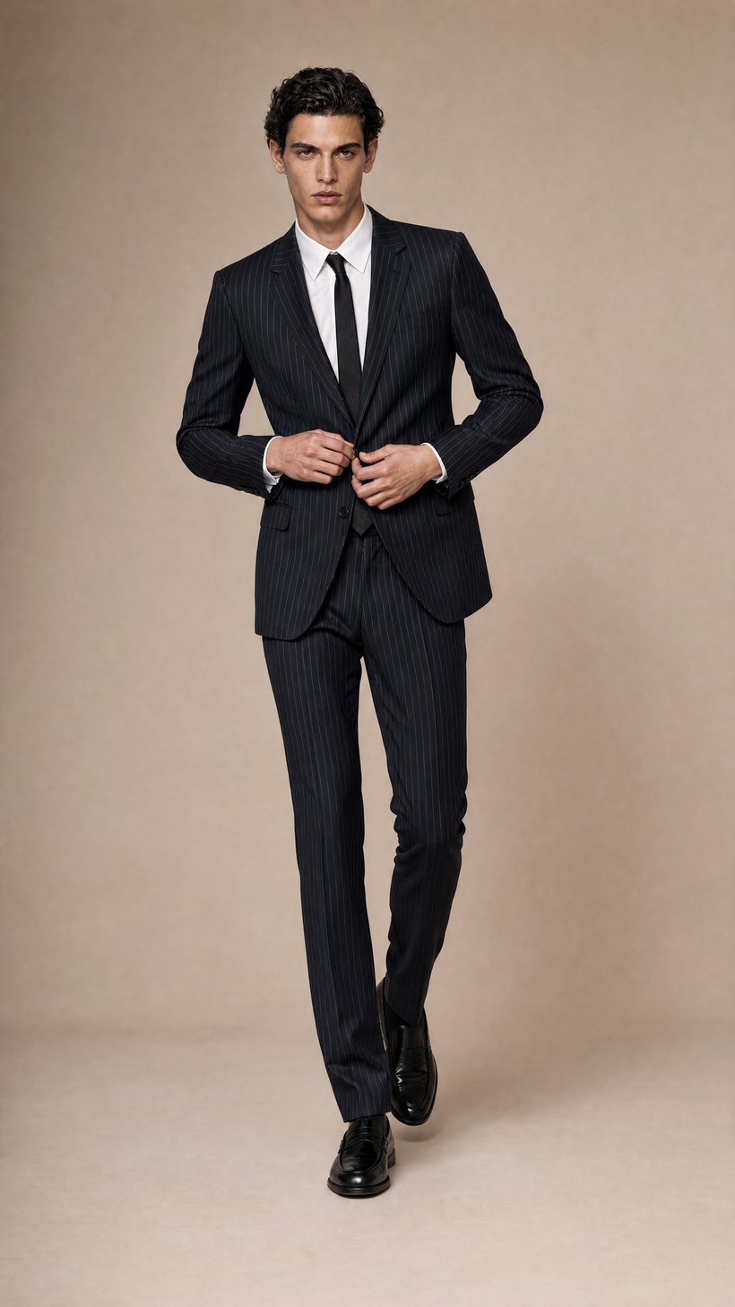 Dark Navy Pinstripe Single-Breasted Slim Suit — construction detail