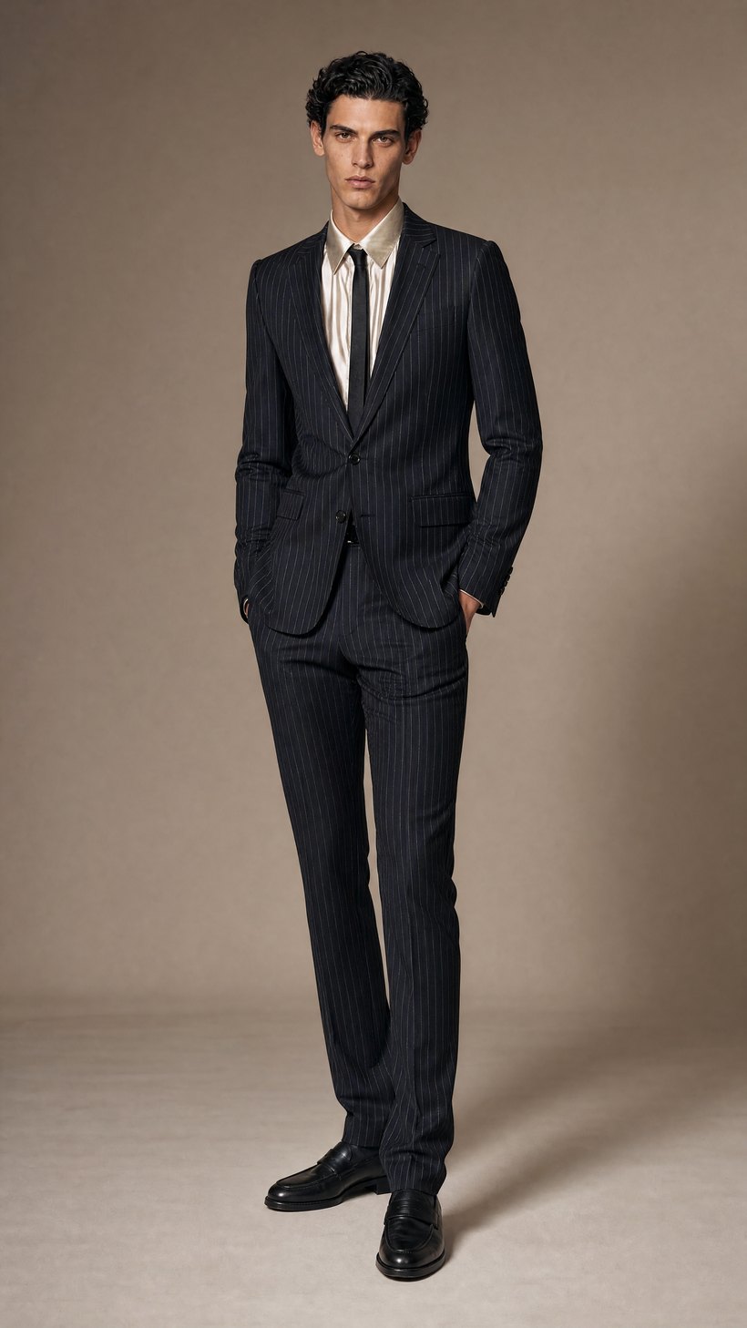 Dark Navy Pinstripe Single-Breasted Slim Suit — European wool pinstripe