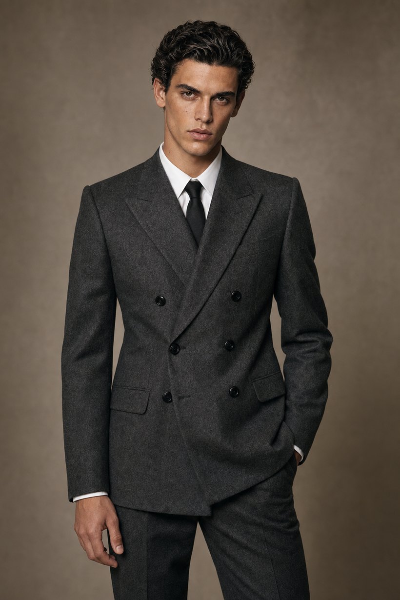 Double-Breasted Charcoal Wool Suit — front styling