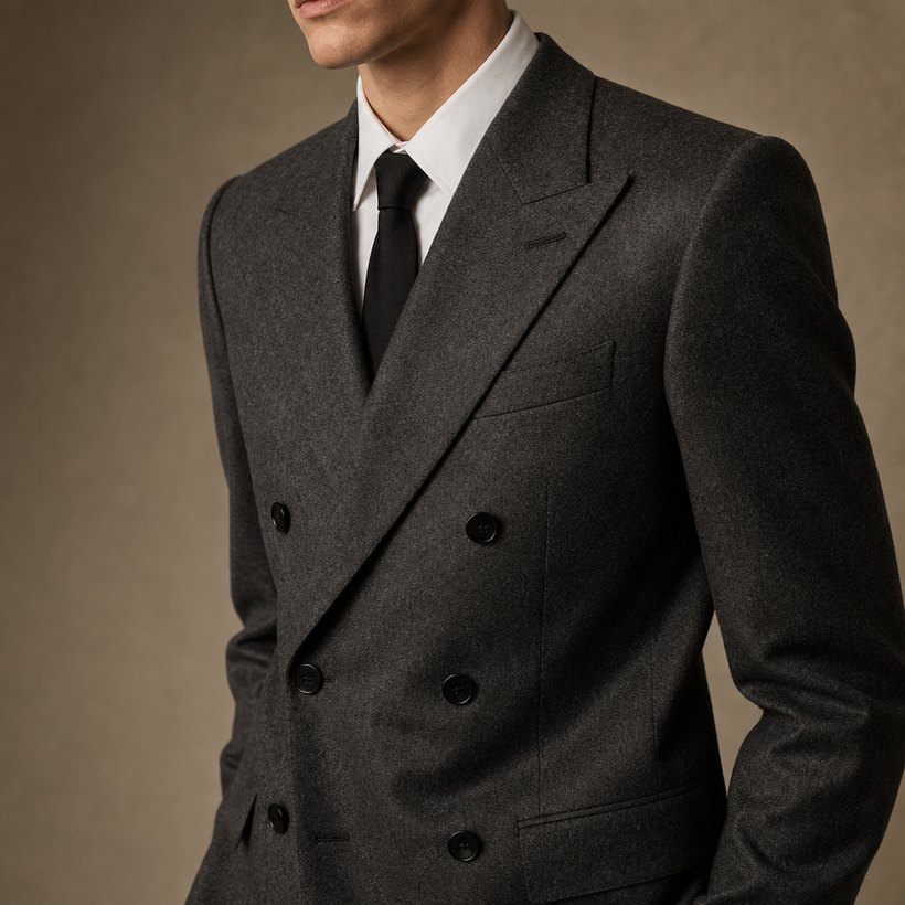 Double-Breasted Charcoal Wool Suit — lapel and collar detail