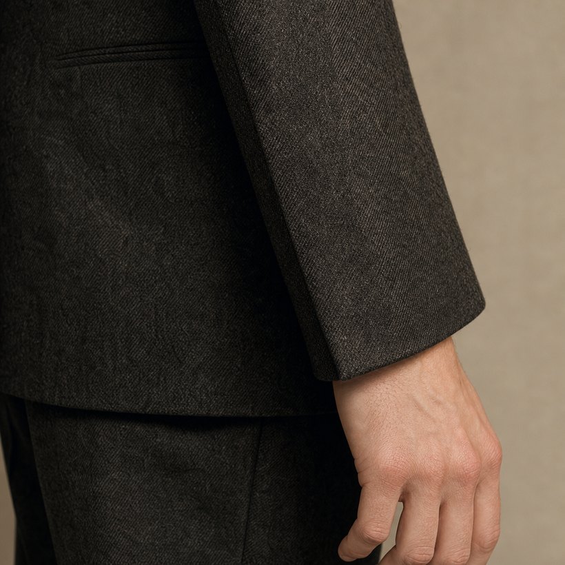 Double-Breasted Charcoal Wool Suit — fabric close-up
