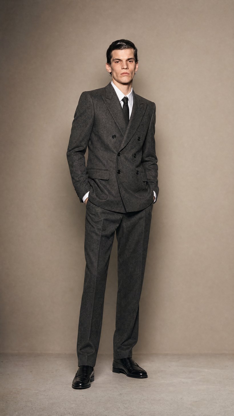 Double-Breasted Charcoal Wool Suit — Dense Biella wool suiting