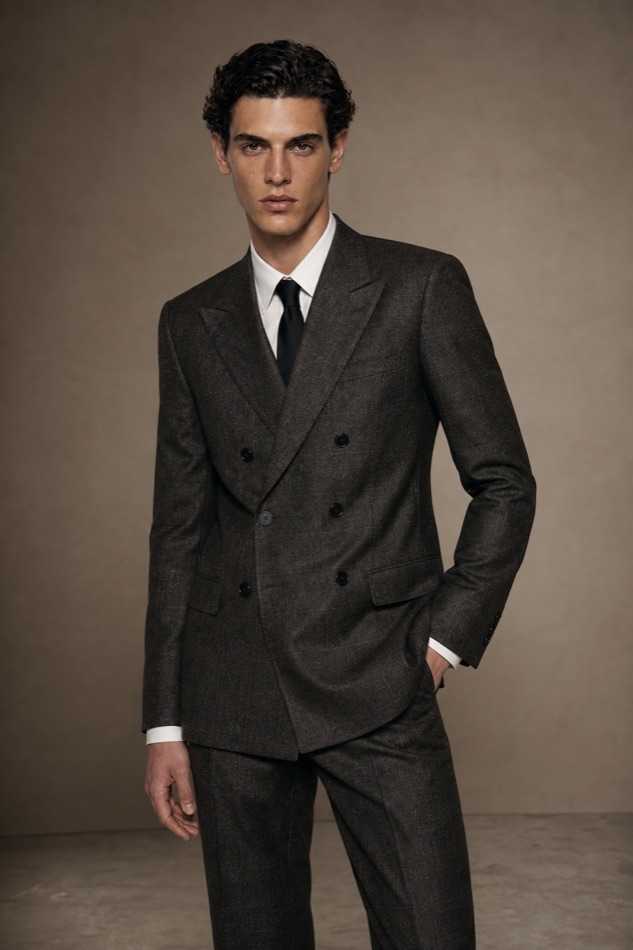 Double-Breasted Check Peak-Lapel Suit — front styling