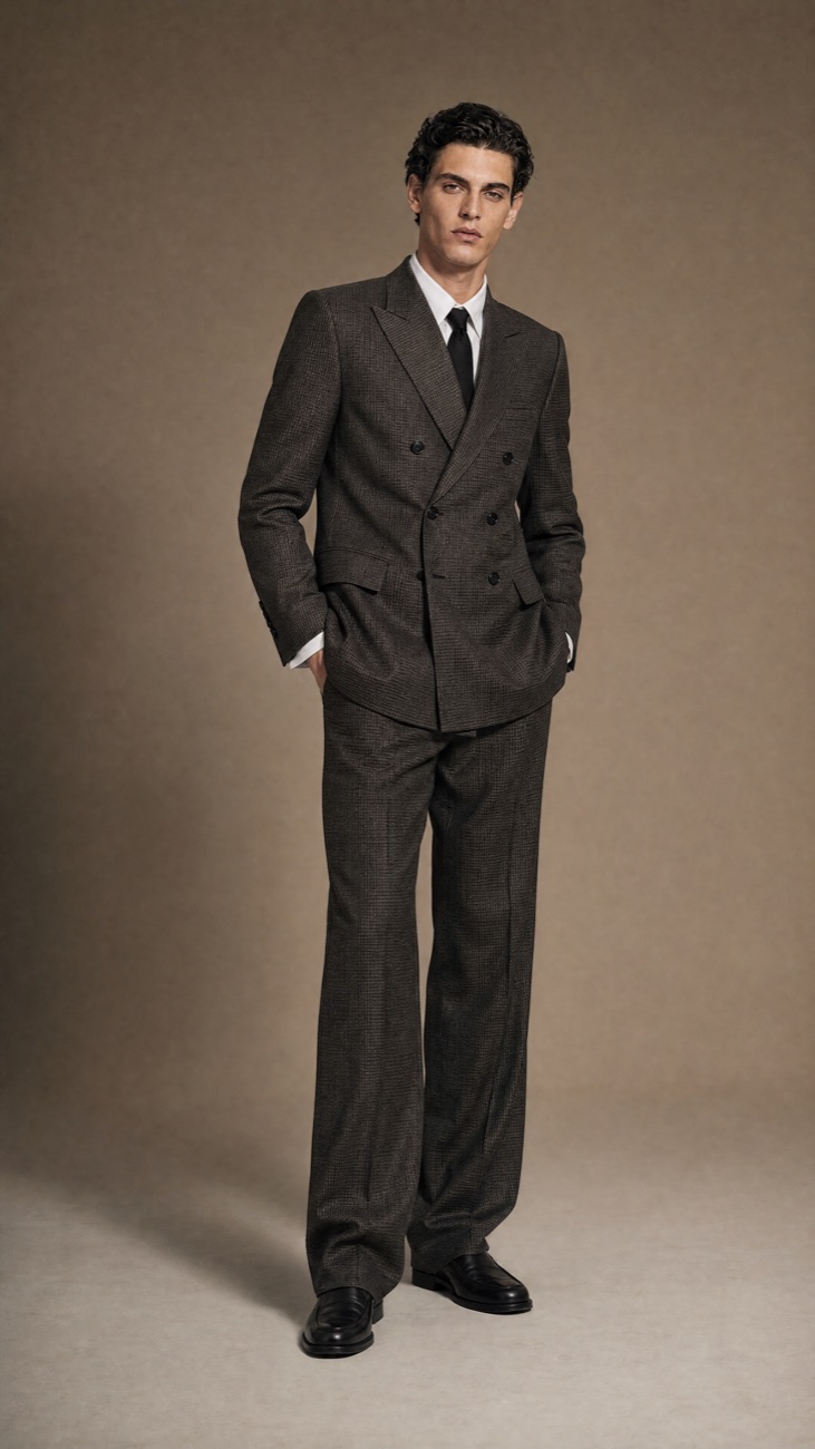 Double-Breasted Check Peak-Lapel Suit — European Wool