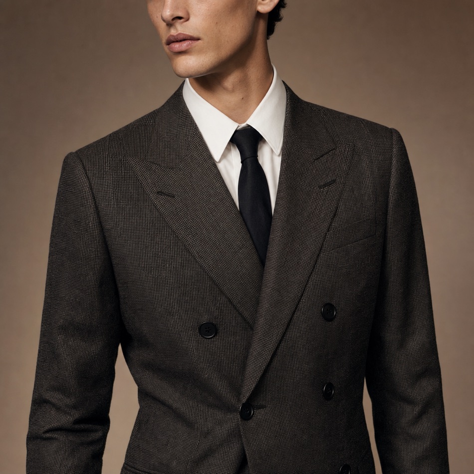 Double-Breasted Check Peak-Lapel Suit — lapel and collar detail