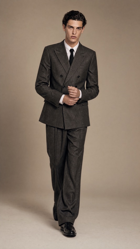 Double-Breasted Check Peak-Lapel Suit — construction detail