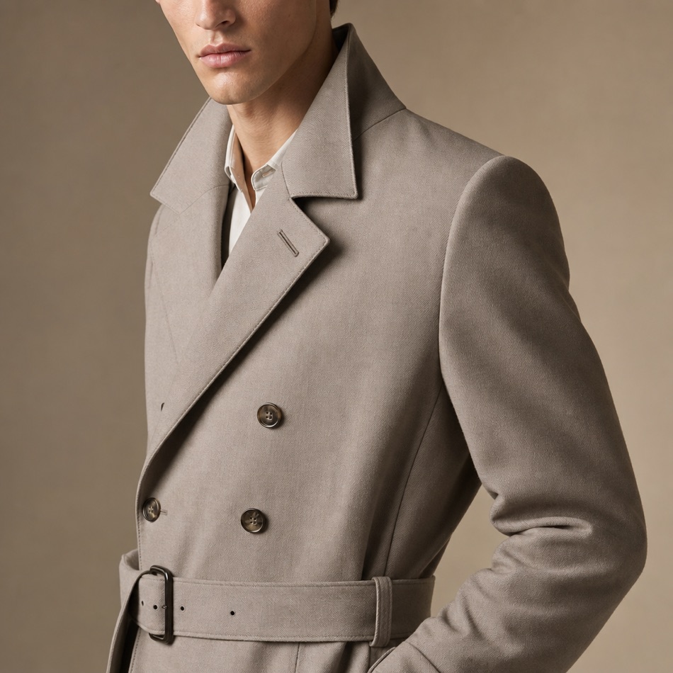 Belted Double-Breasted Cotton Trench Coat — lapel and collar detail