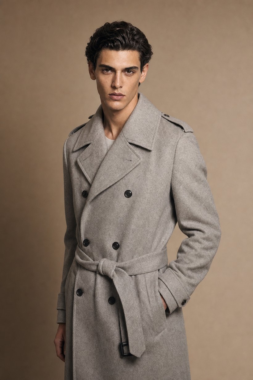 Double-Breasted Light Grey Belted Trench — front styling