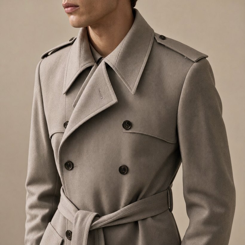 Double-Breasted Light Grey Belted Trench — lapel and collar detail