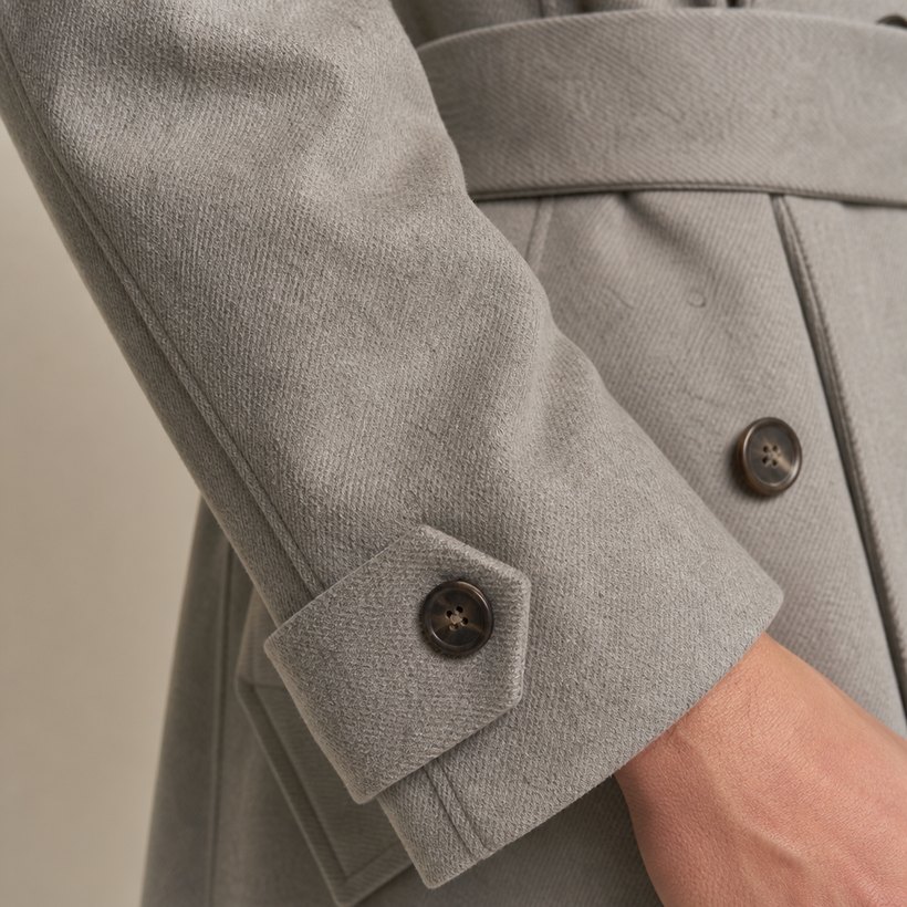 Double-Breasted Light Grey Belted Trench — fabric close-up