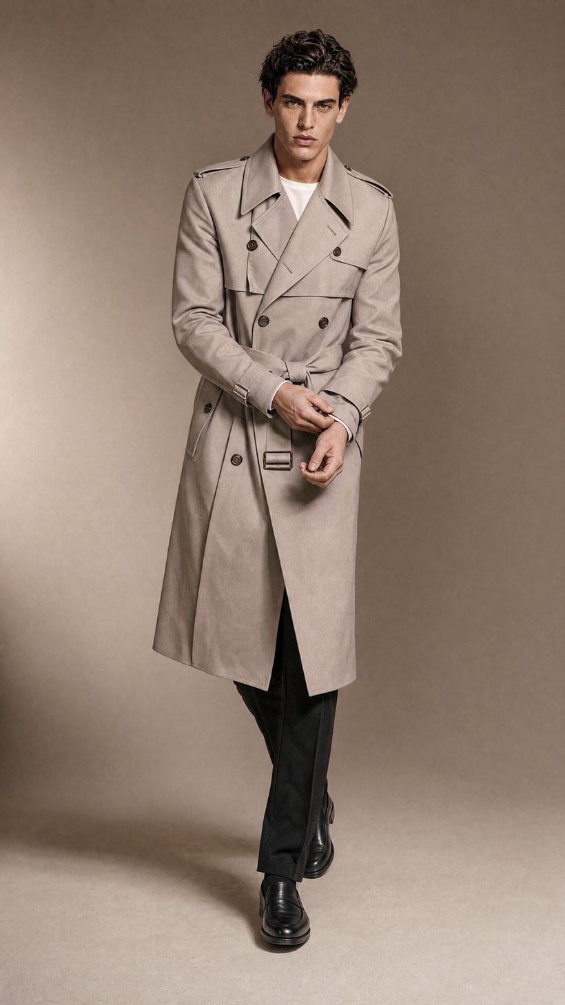 Double-Breasted Light Grey Belted Trench — construction detail