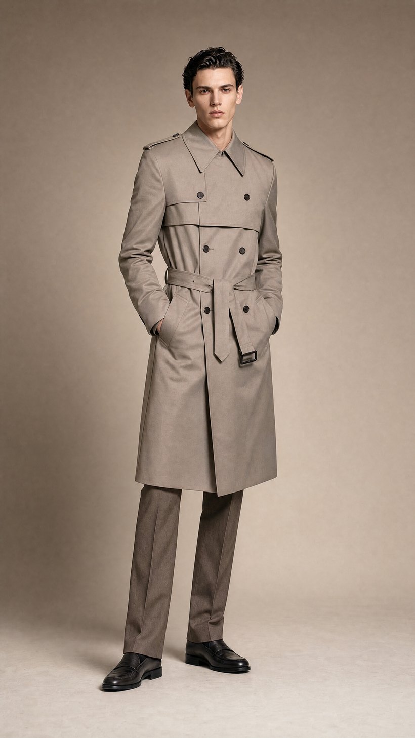 Double-Breasted Light Grey Belted Trench — European Wool
