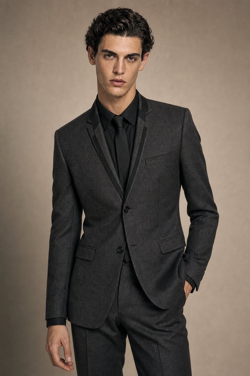 Elongated Charcoal Suit — front styling