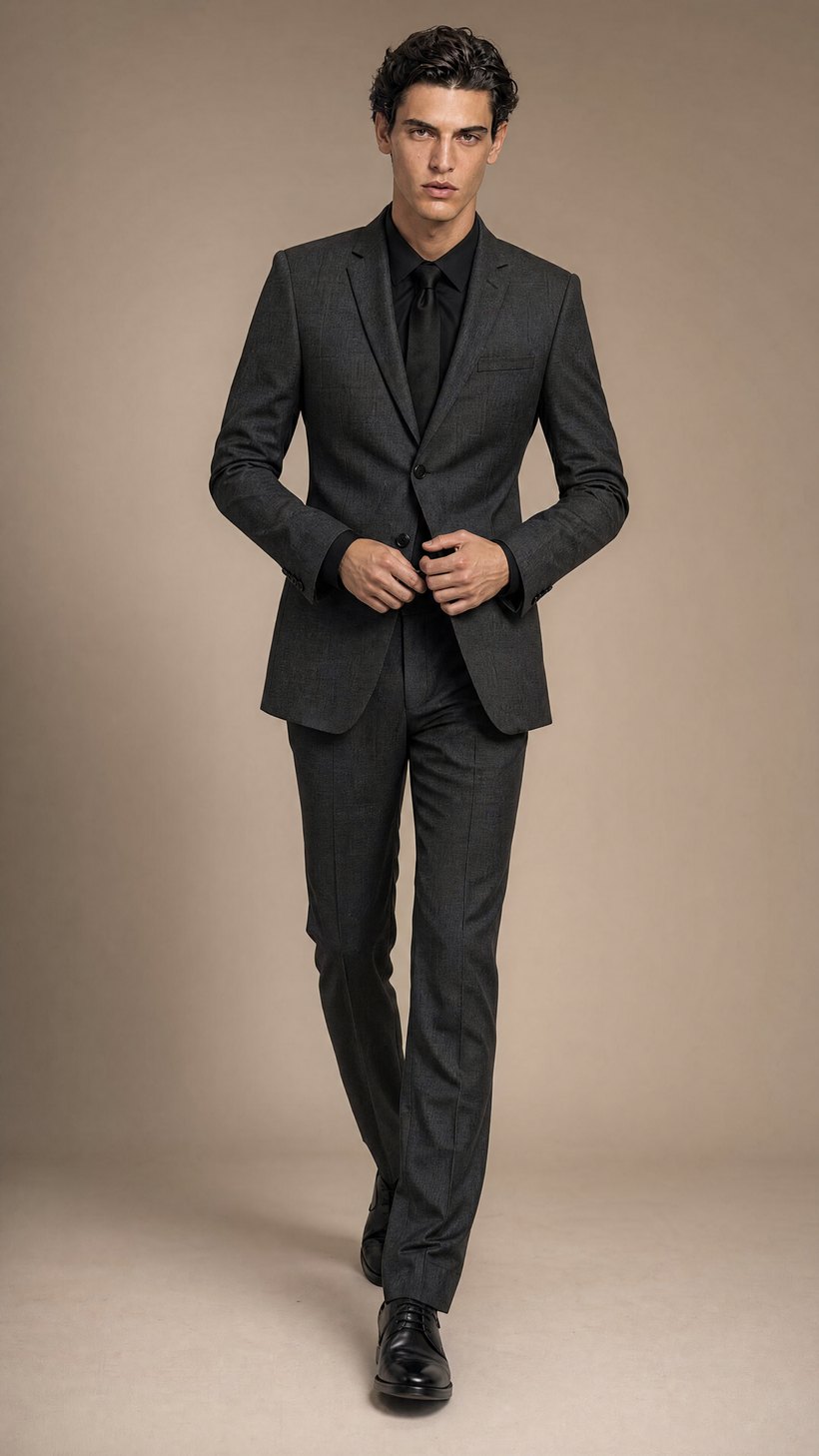 Elongated Charcoal Suit — construction detail