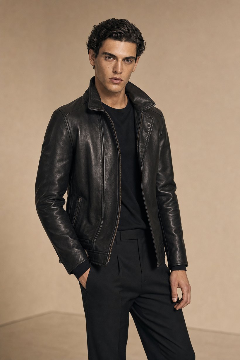 Elongated Slim Black Leather Jacket — front styling