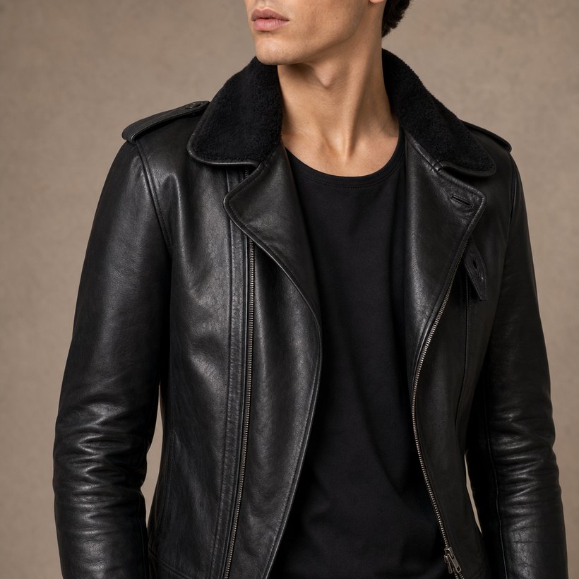 Elongated Slim Black Leather Jacket — lapel and collar detail