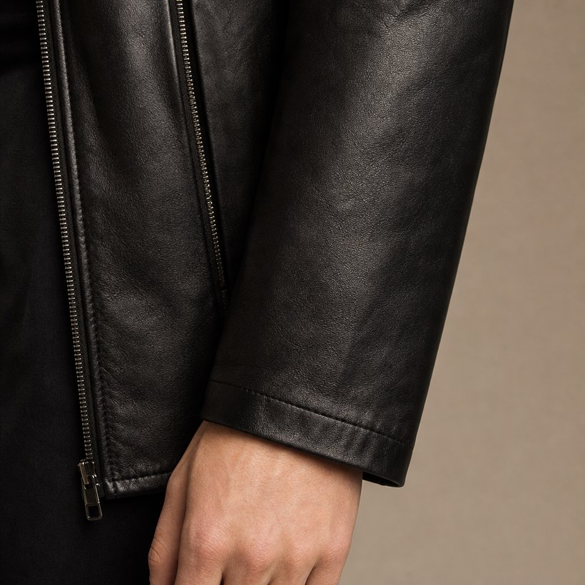 Elongated Slim Black Leather Jacket — fabric close-up