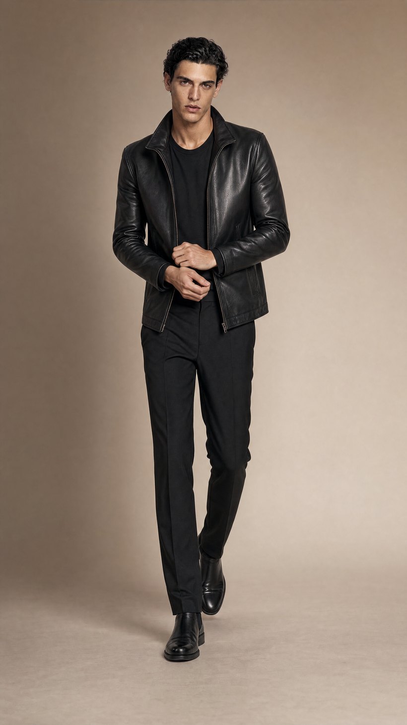 Elongated Slim Black Leather Jacket — construction detail