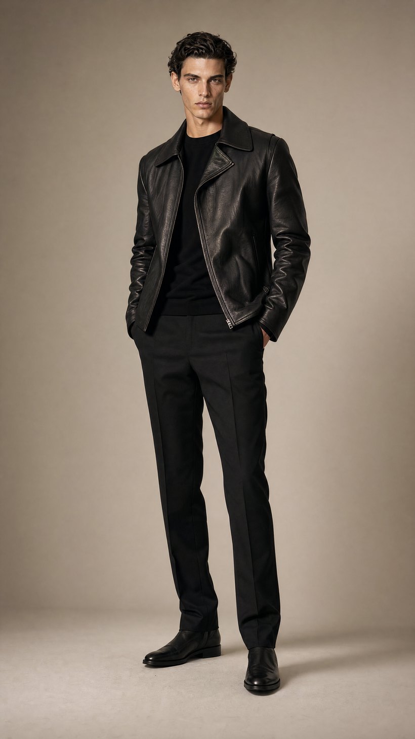 Elongated Slim Black Leather Jacket — Black leather