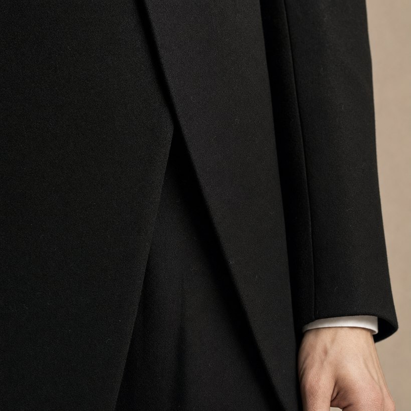 Extended-Length Slim Black Wool Blazer — fabric close-up