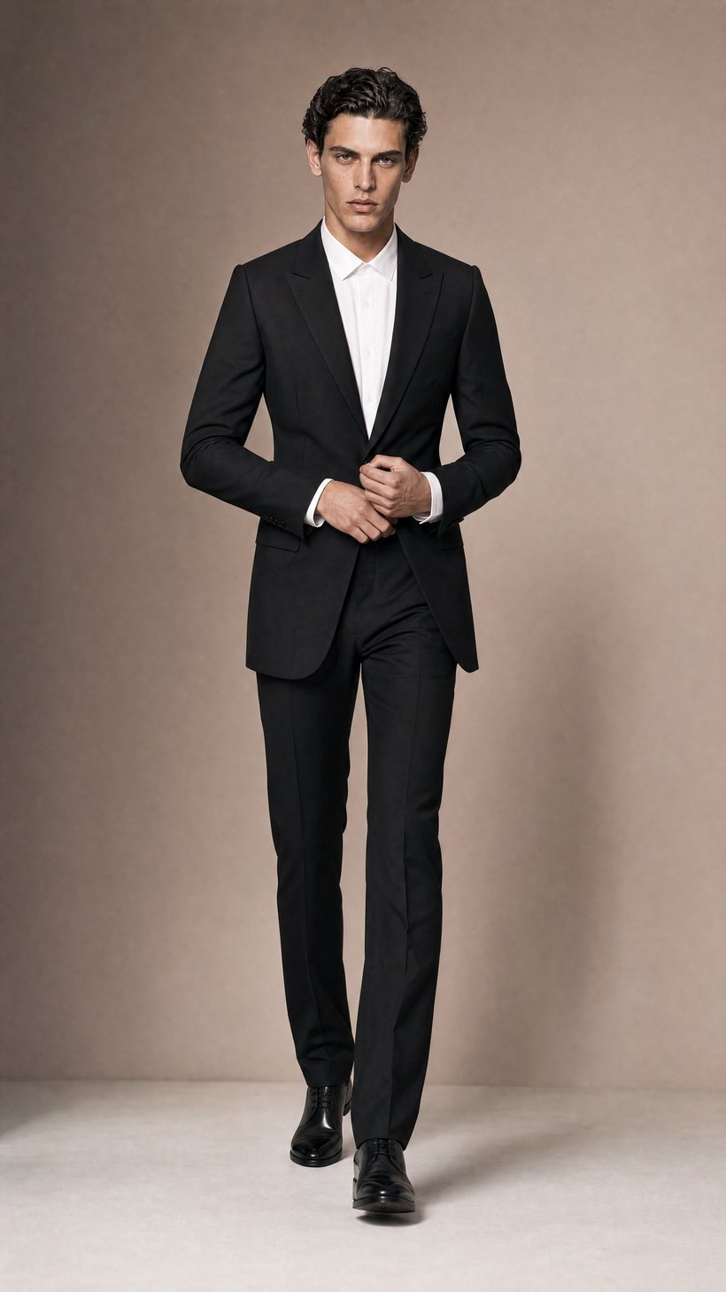Extended-Length Slim Black Wool Blazer — construction detail