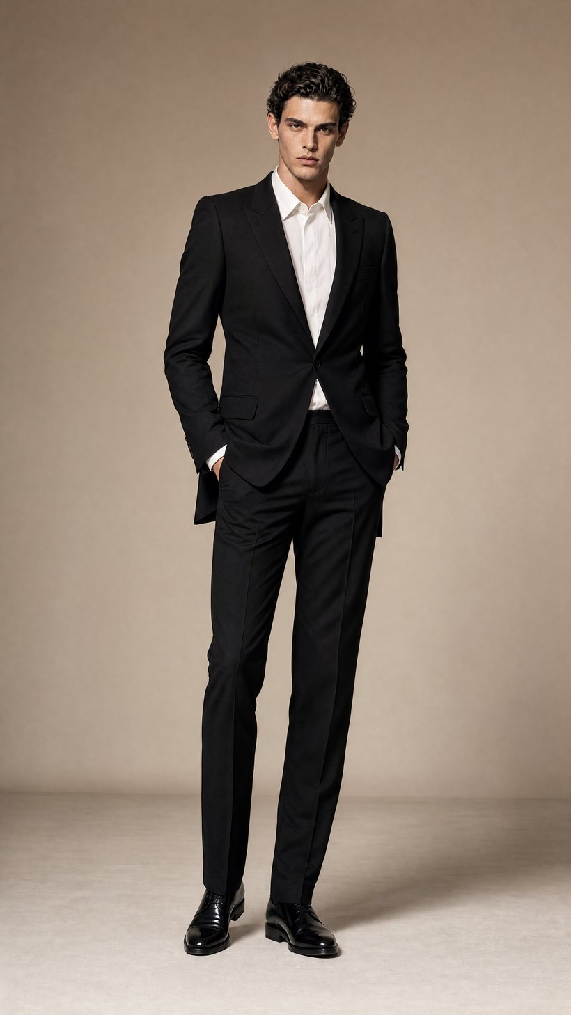 Extended-Length Slim Black Wool Blazer — Black Biella wool