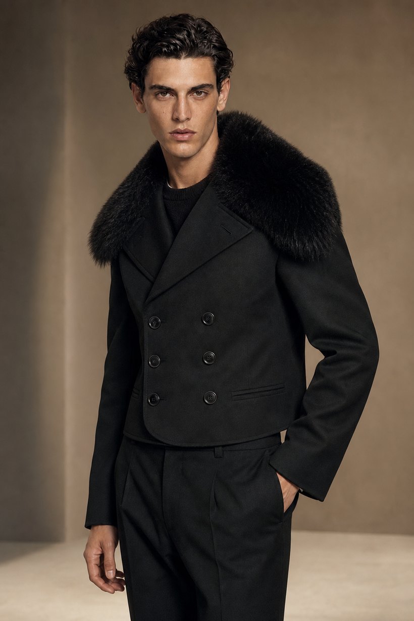 Fur-Embellished Black Statement Jacket — front styling