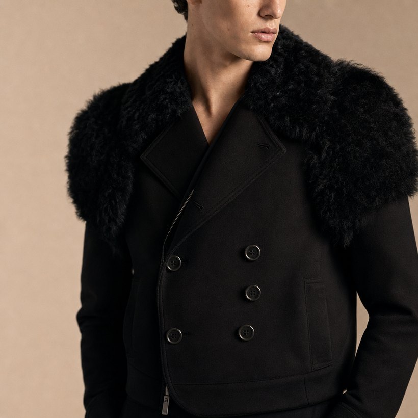 Fur-Embellished Black Statement Jacket — lapel and collar detail