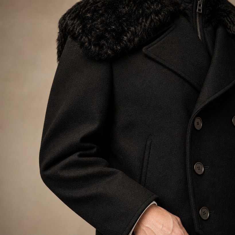 Fur-Embellished Black Statement Jacket — fabric close-up