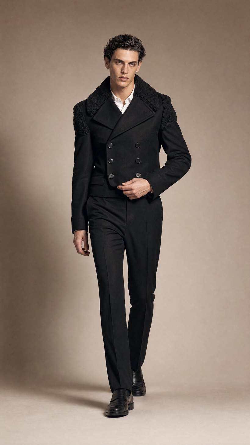 Fur-Embellished Black Statement Jacket — construction detail