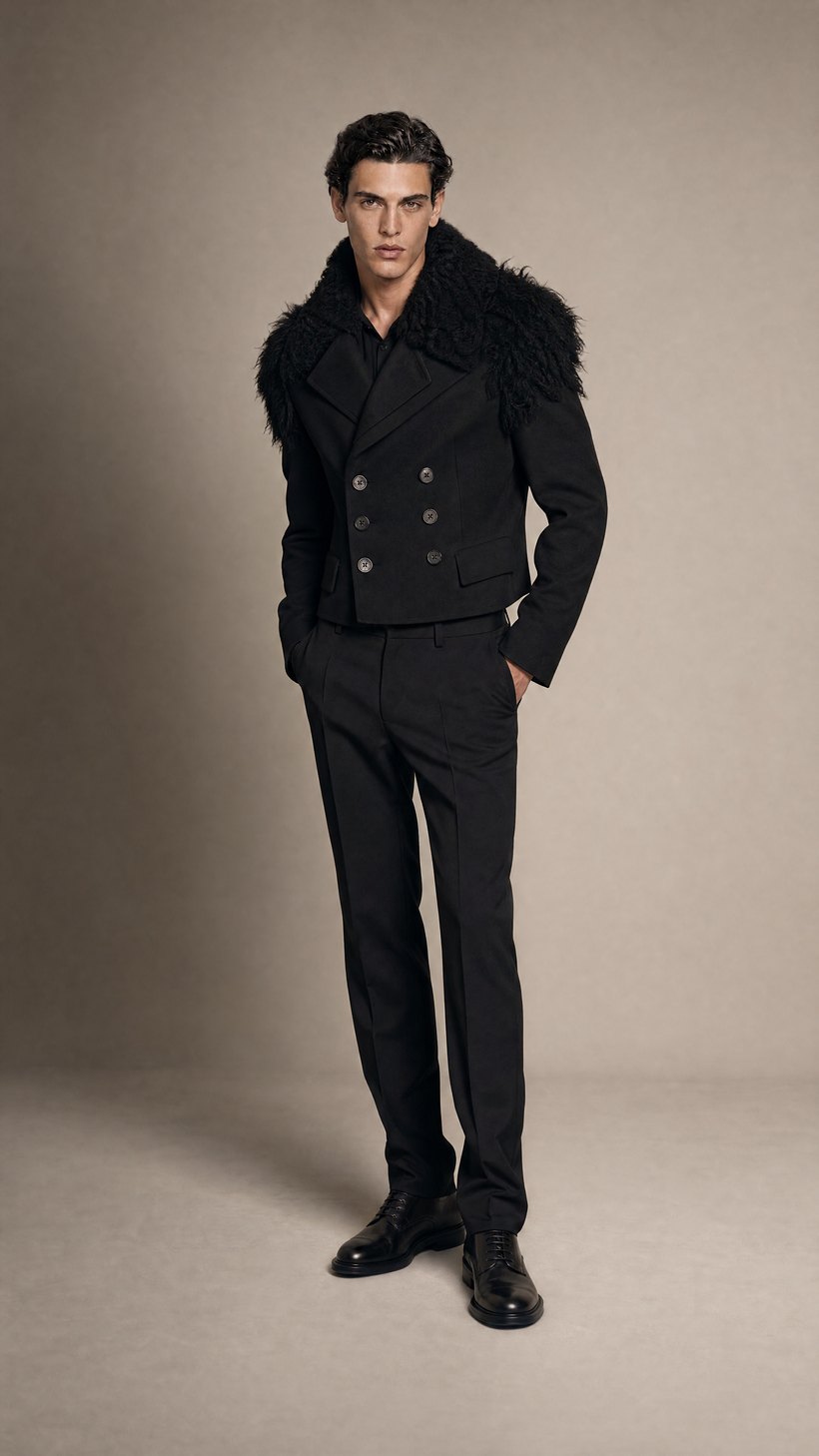 Fur-Embellished Black Statement Jacket — Black wool ground with shearling / fur embellishment