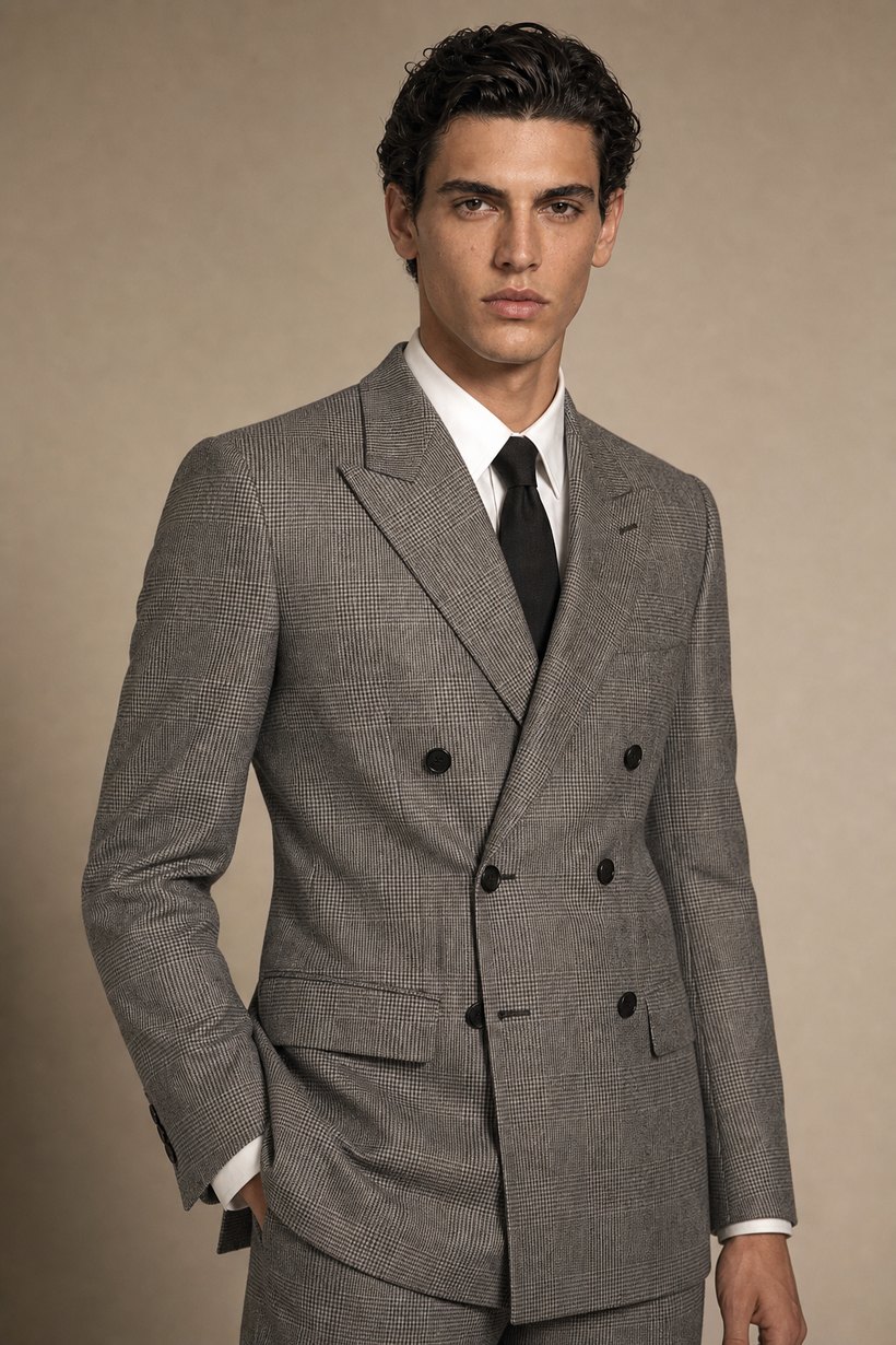 Glen-Plaid Prince-of-Wales Double-Breasted Suit — front styling