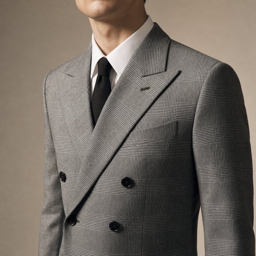 Glen-Plaid Prince-of-Wales Double-Breasted Suit — lapel and collar detail