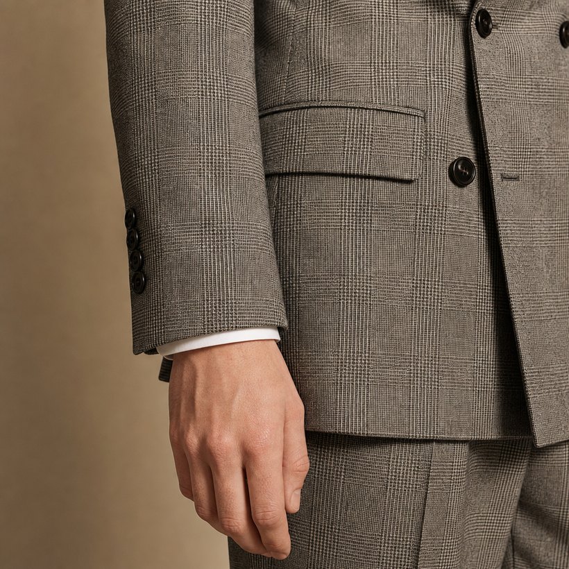 Glen-Plaid Prince-of-Wales Double-Breasted Suit — fabric close-up