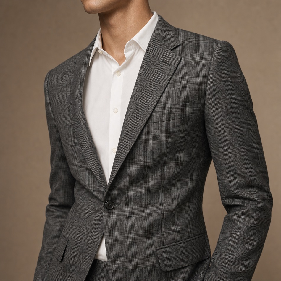 Glen-Plaid Prince-of-Wales Wool Suit — lapel and collar detail