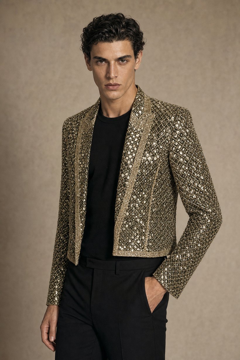 Gold Metallic Jacquard Evening Jacket — front styling