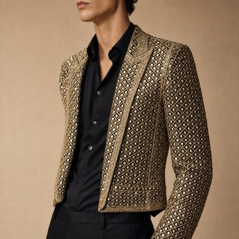 Gold Metallic Jacquard Evening Jacket — lapel and collar detail