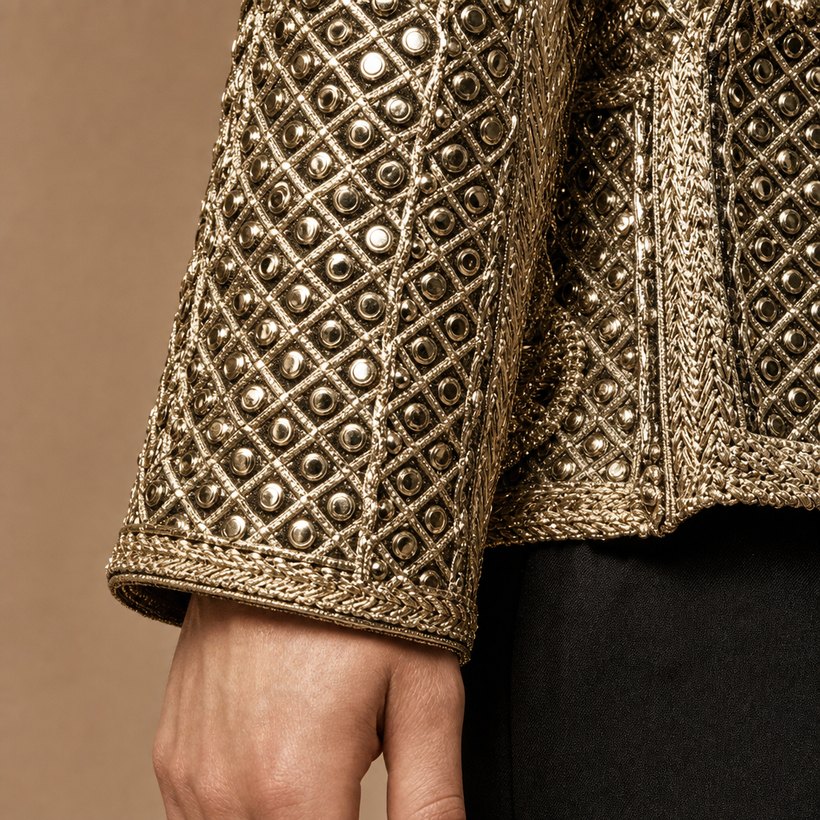 Gold Metallic Jacquard Evening Jacket — fabric close-up