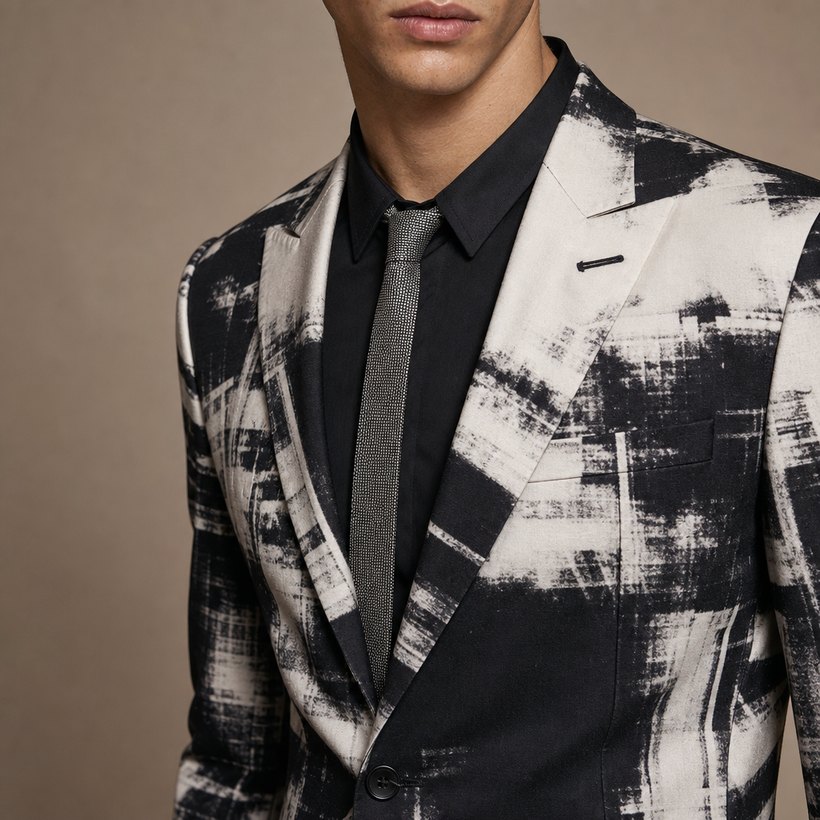 Graphic Black-and-White Print Sportcoat — lapel and collar detail