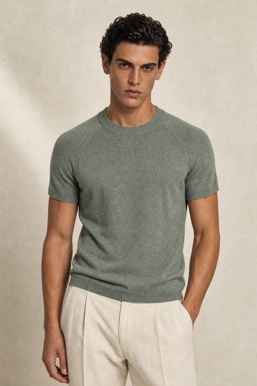 Green Linen-Lyocell T-Shirt — front styling