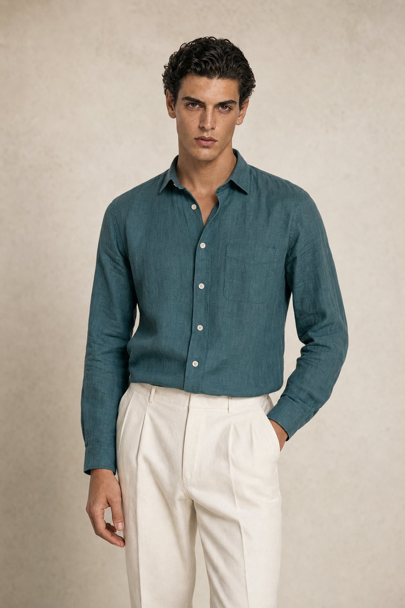 Green Linen Shirt — lapel and collar detail