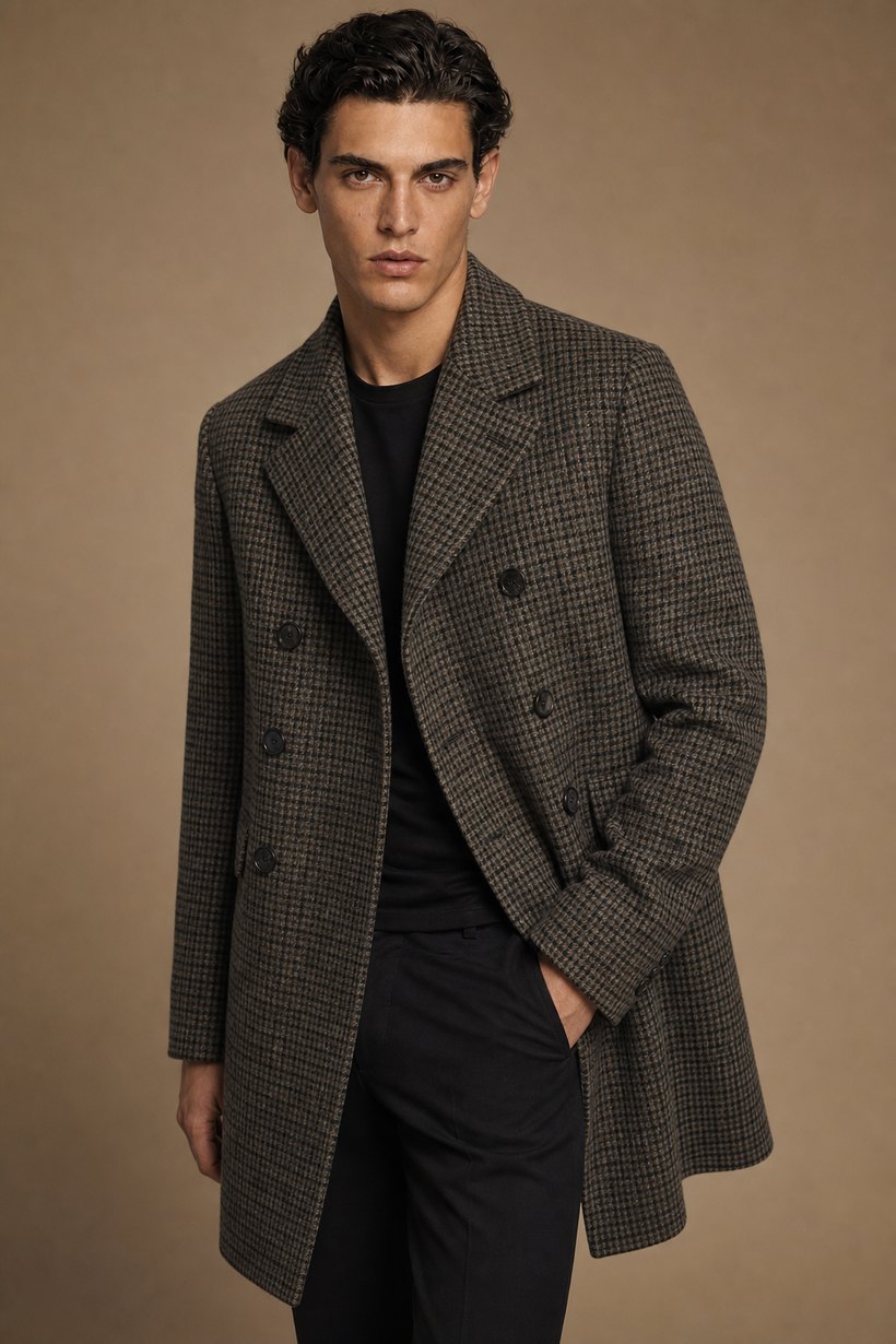Grey-Green Check Double-Breasted Wool Overcoat — front styling