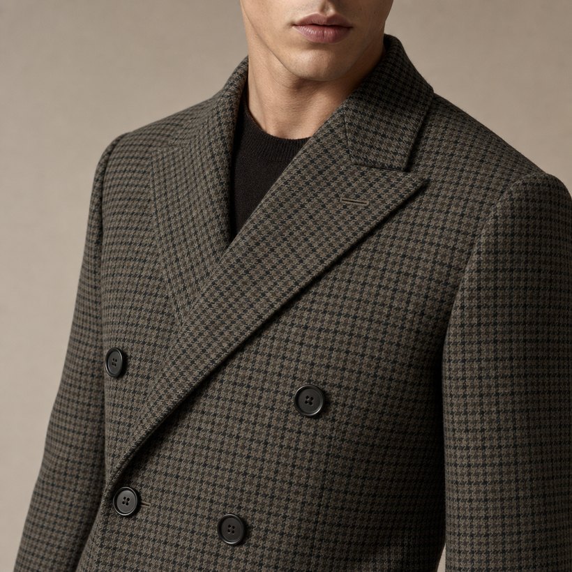 Grey-Green Check Double-Breasted Wool Overcoat — lapel and collar detail