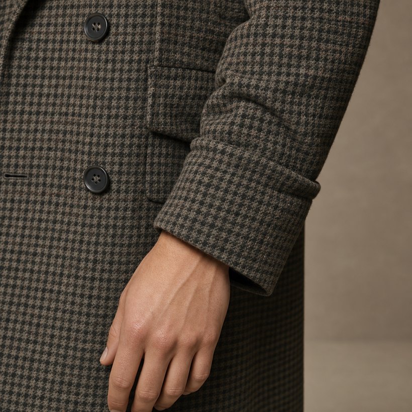 Grey-Green Check Double-Breasted Wool Overcoat — fabric close-up