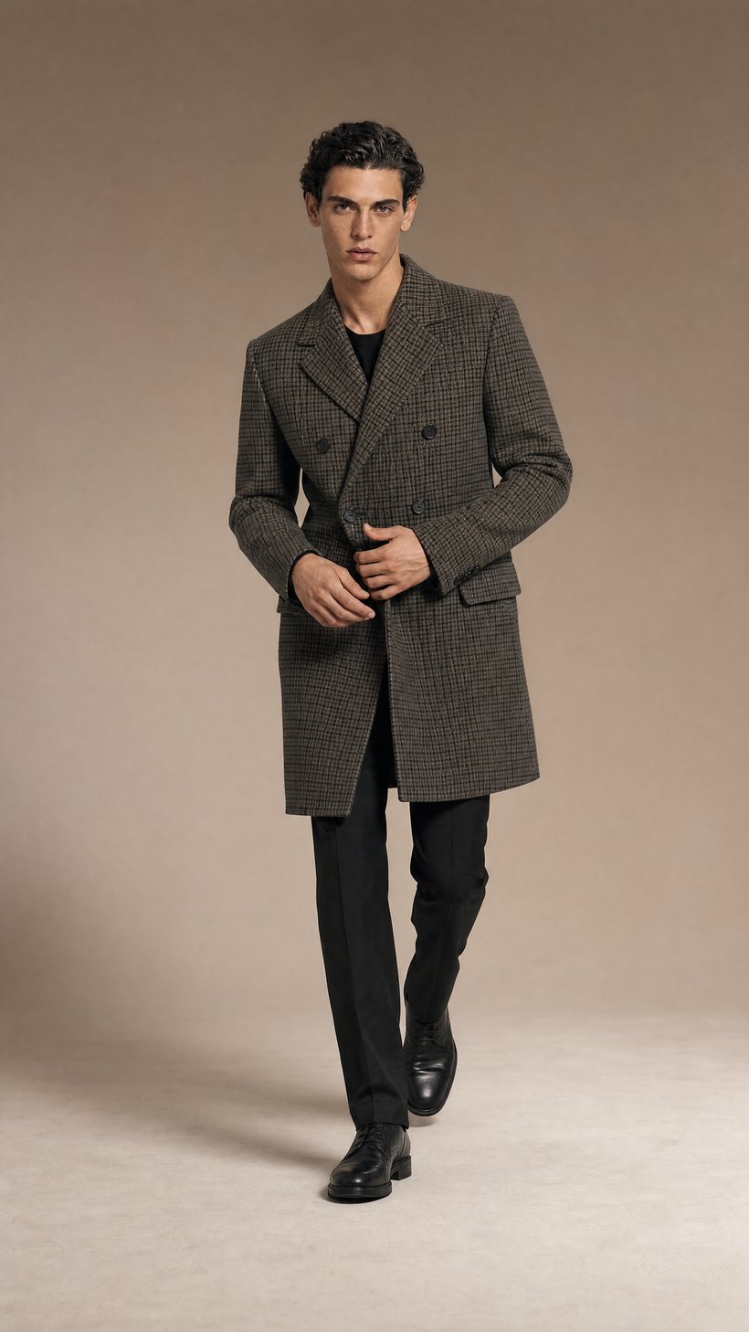 Grey-Green Check Double-Breasted Wool Overcoat — construction detail