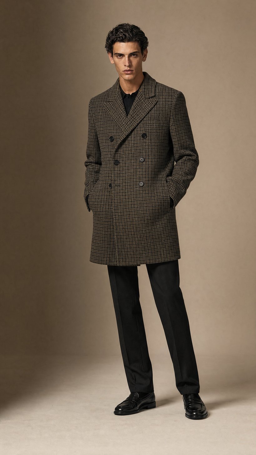 Grey-Green Check Double-Breasted Wool Overcoat — Grey-green check wool