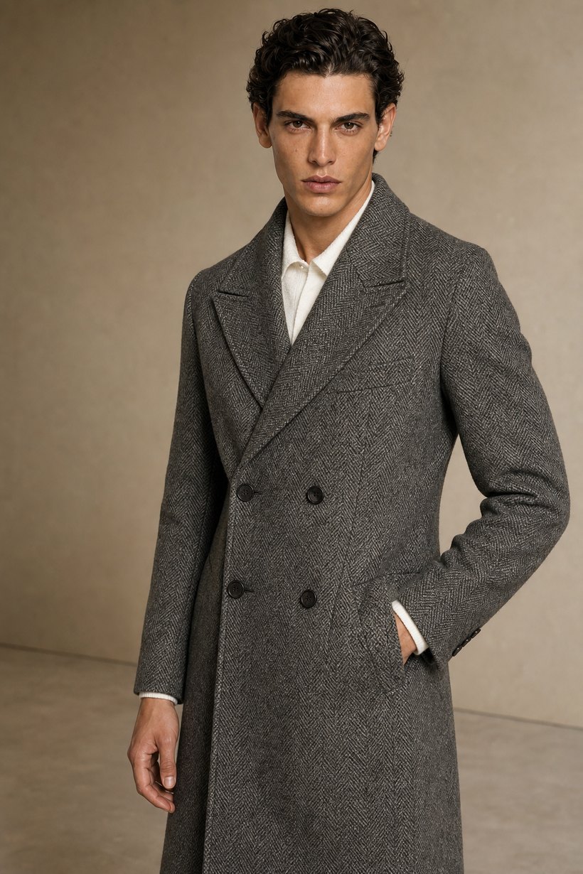 Grey Herringbone Double-Breasted Overcoat — front styling