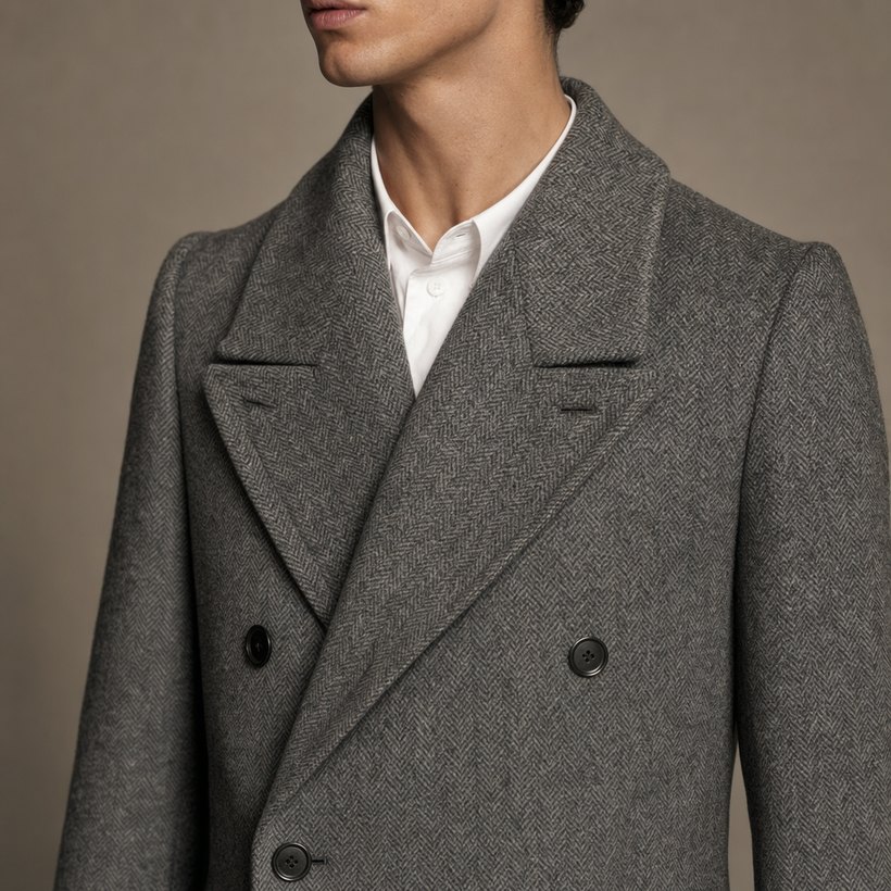 Grey Herringbone Double-Breasted Overcoat — lapel and collar detail
