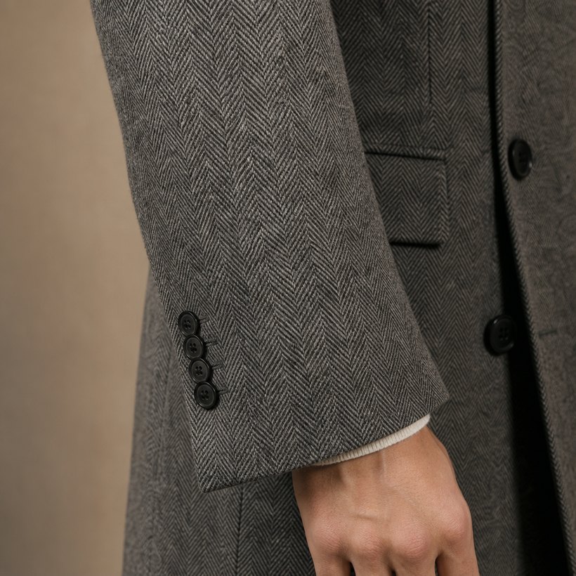 Grey Herringbone Double-Breasted Overcoat — fabric close-up