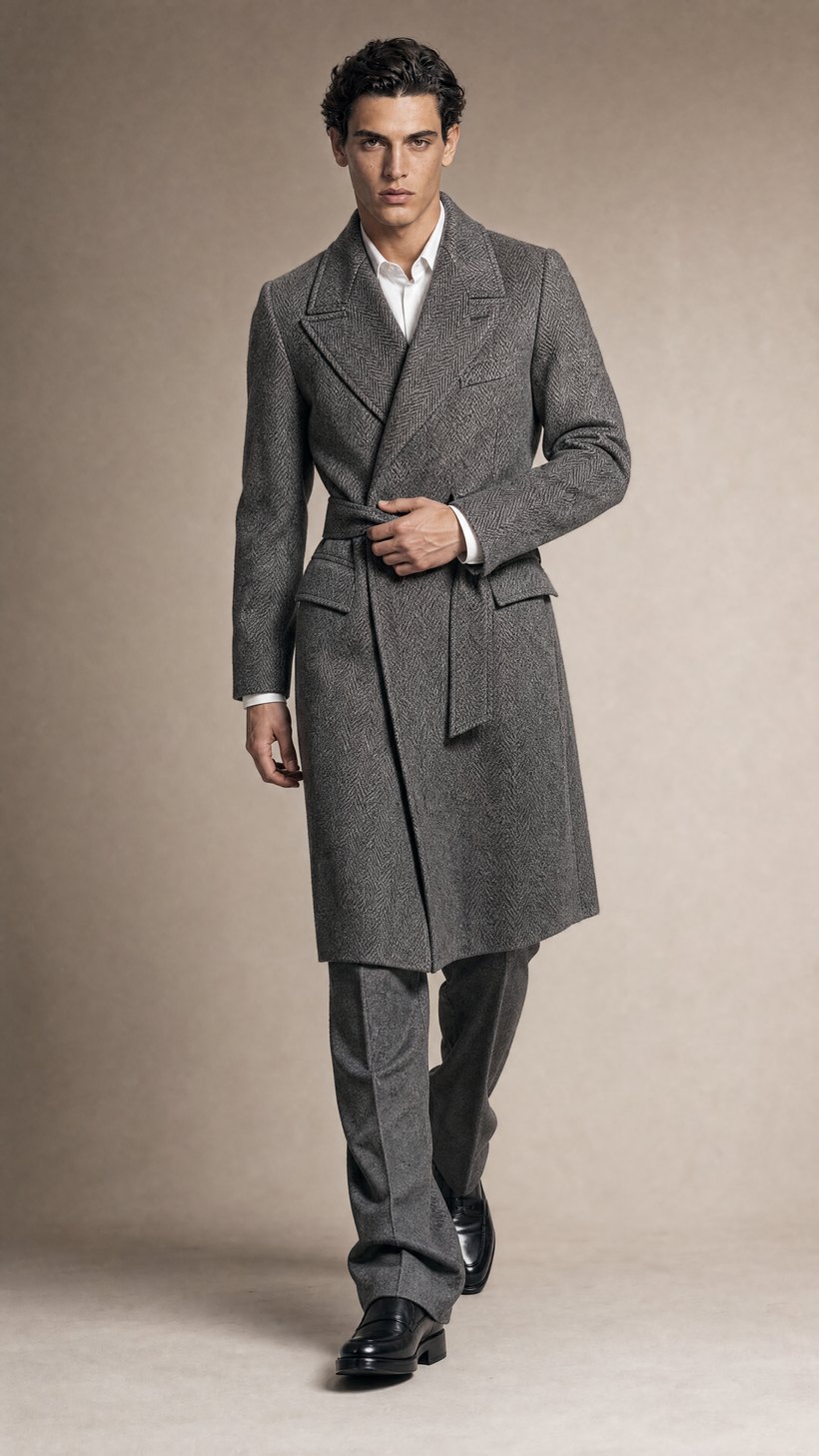Grey Herringbone Double-Breasted Overcoat — construction detail